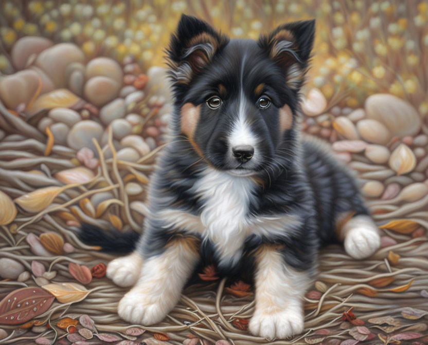 Realistic Painting of Fluffy Tricolor Puppy Among Leaves and Seeds