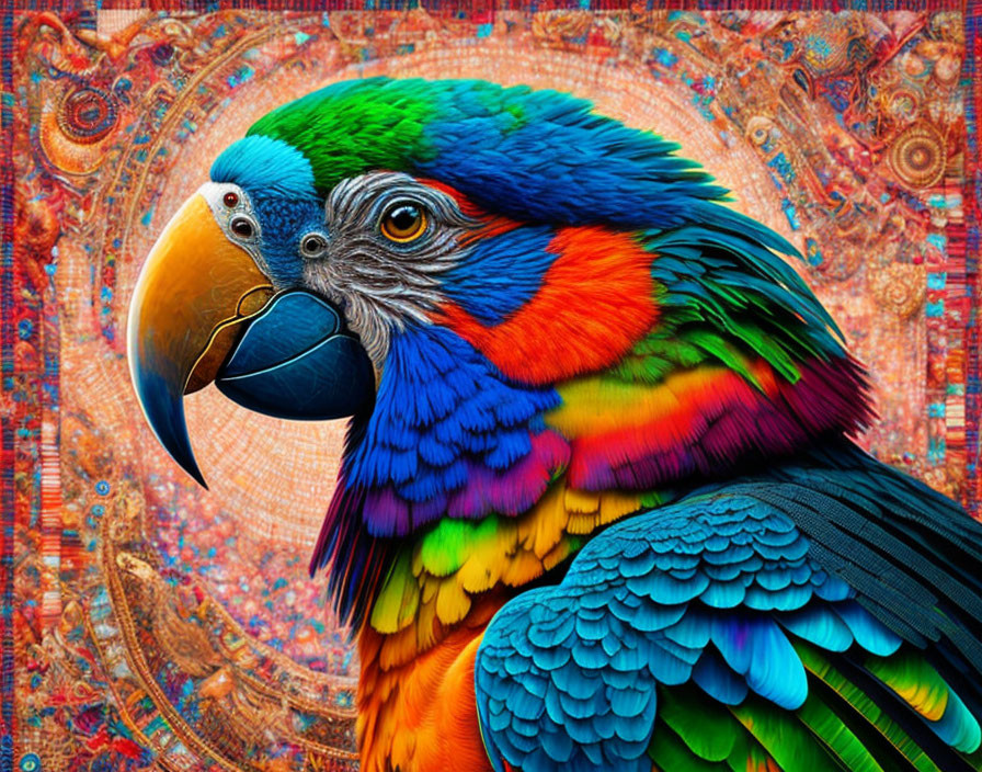 Colorful Macaw Against Intricate Tapestry Background