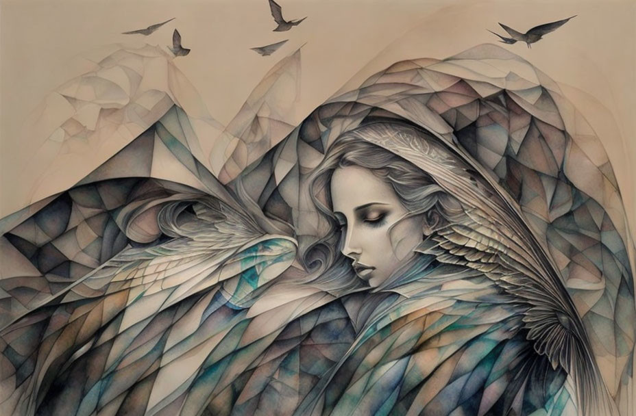 Surreal illustration: Woman with bird wings in earth tones