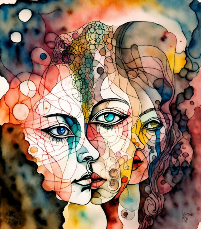 Colorful watercolor painting: Two female faces in profile with abstract patterns