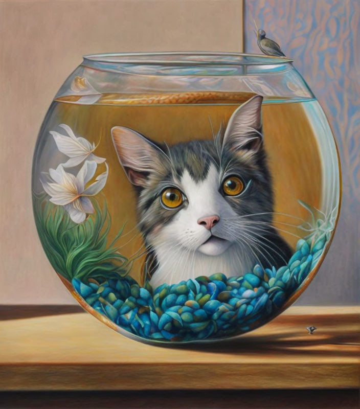 Surreal painting featuring cat with big eyes in fishbowl with flowers and fish