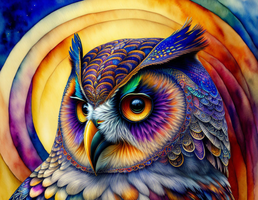 Colorful Owl Illustration on Rainbow Background