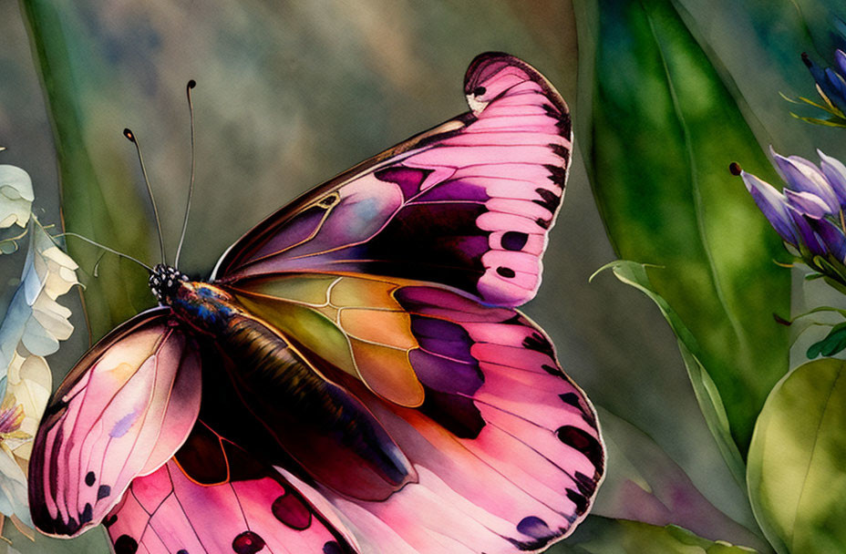 Colorful butterfly with pink and black wings on foliage with blurred flowers.