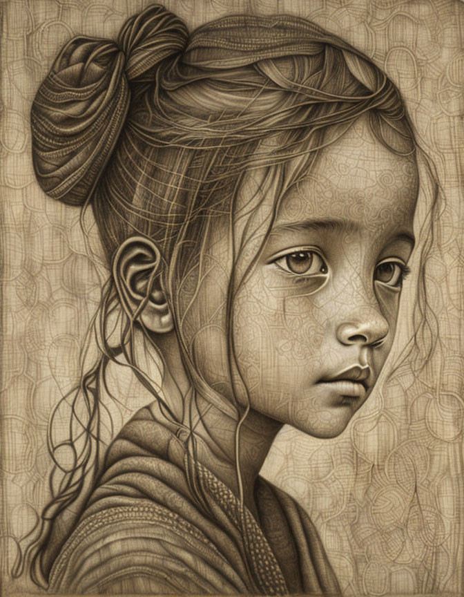 Detailed illustration of young girl with intricate hair and somber expression.