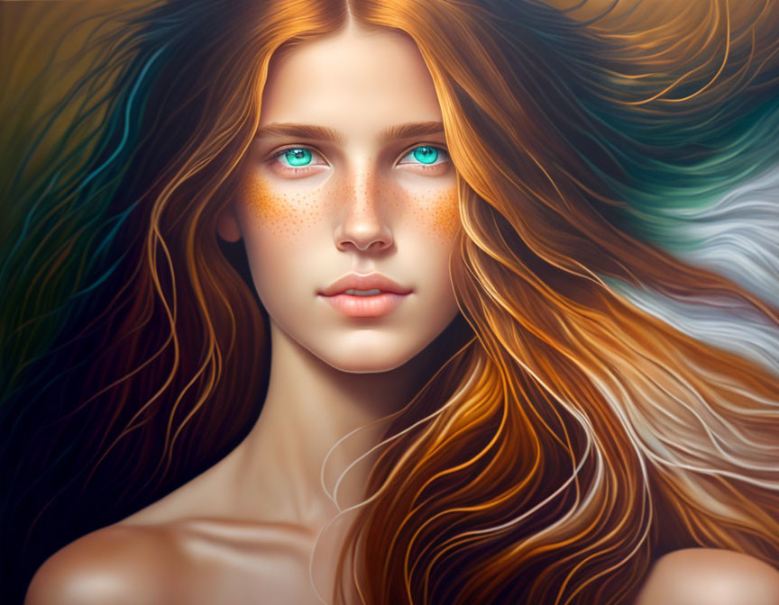 Ethereal digital portrait of a woman with auburn hair and green eyes