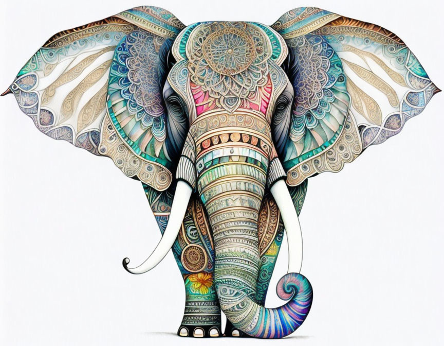 Colorful Elephant Art with Paisley and Mandala Designs