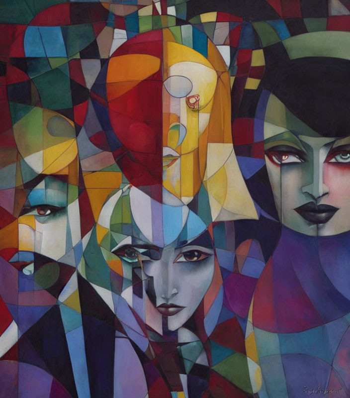 Cubist-style painting with overlapping faces and geometric shapes