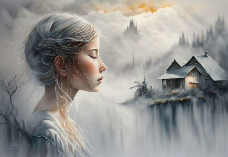 Woman with braided hair in profile against misty cabin landscape