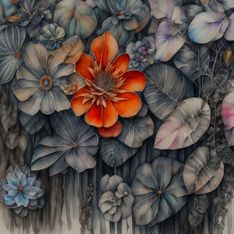 Detailed Drawing of Vibrant Orange Flower Among Blue and Gray Flora