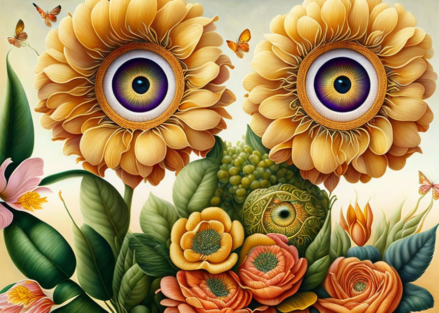 Surreal illustration of flowers with human-like eyes amidst lush greenery