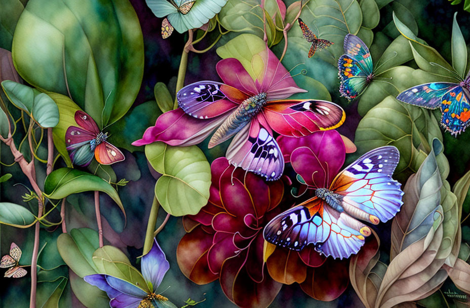 Colorful Butterfly Painting Among Pink Flowers and Green Foliage