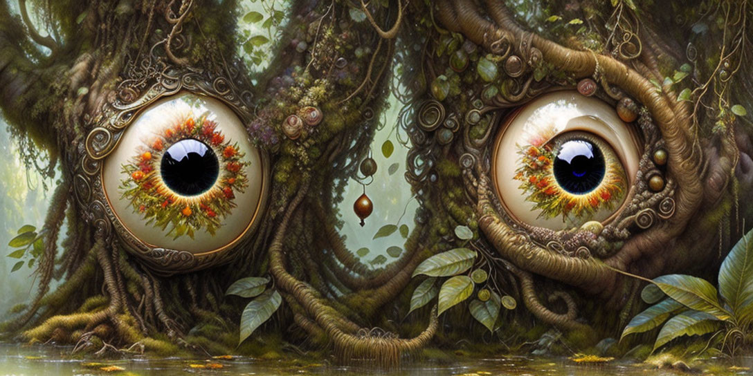 Enchanted Forest with Trees Featuring Giant Eyes