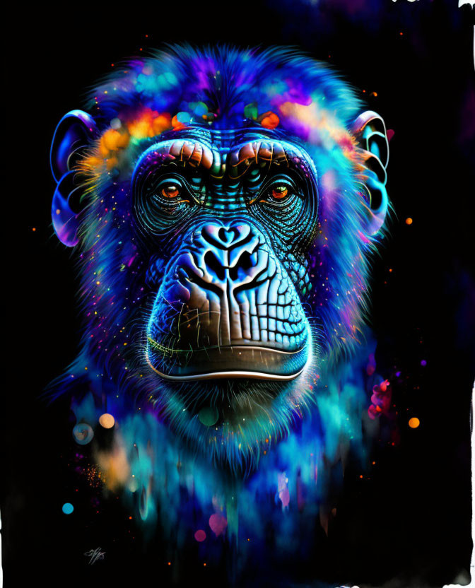 Colorful Chimpanzee Face Artwork with Psychedelic Patterns