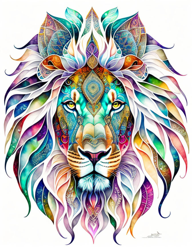 Colorful Lion Illustration with Majestic Mane and Abstract Patterns