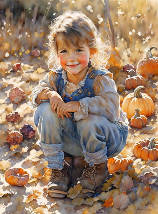 Child in denim overalls among pumpkins and fallen leaves in sunlight