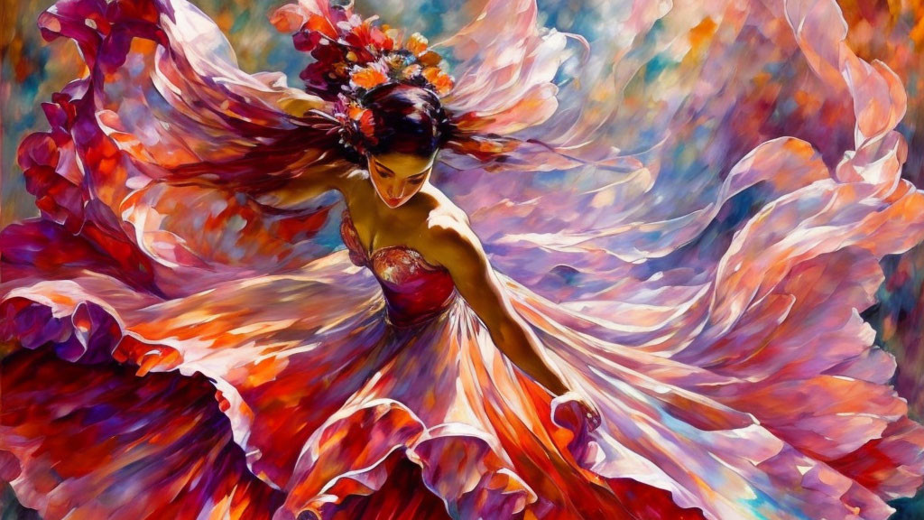 Colorful painting of woman dancing with flowing dress and hair