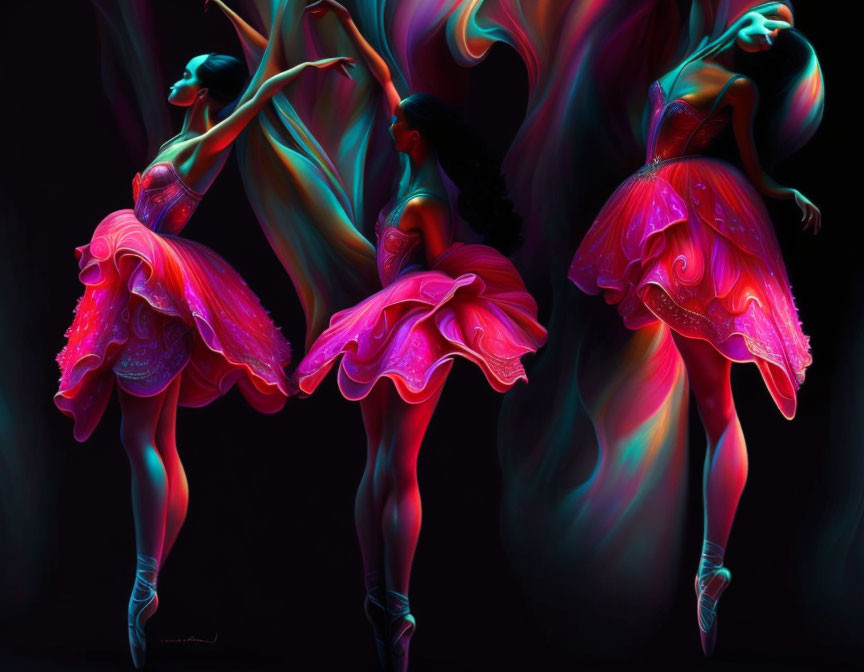 Colorful Ballerinas in Pink Costumes with Light Trails on Dark Background