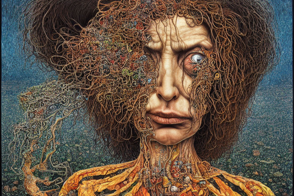 Surreal portrait featuring exposed muscle fibers and complex wiry hair.