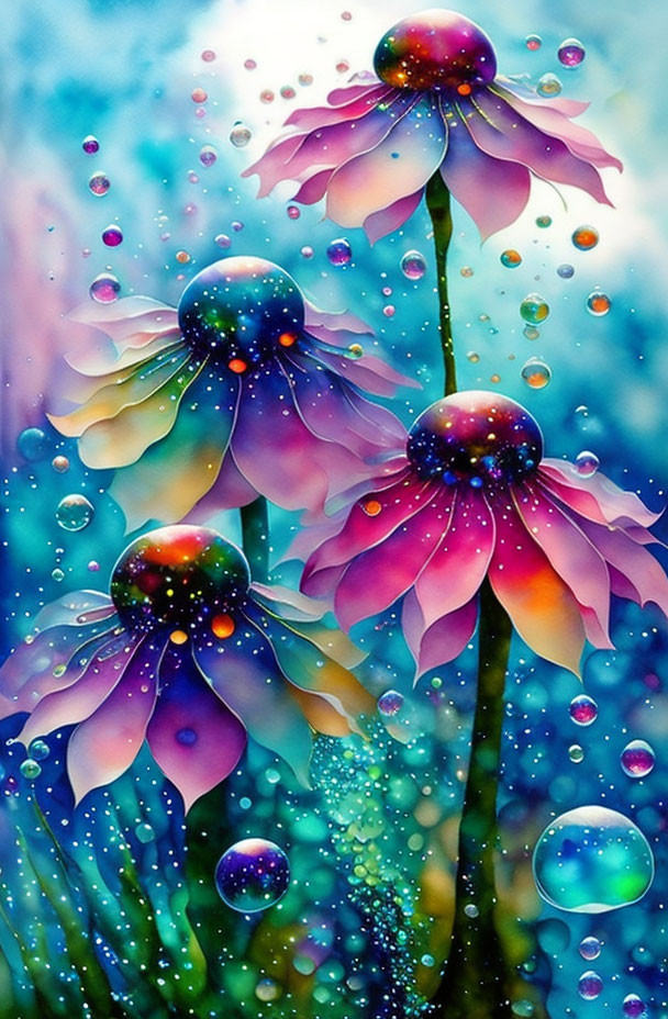 Stylized painting of purplish-pink flowers with water droplets and bubbles on blue background