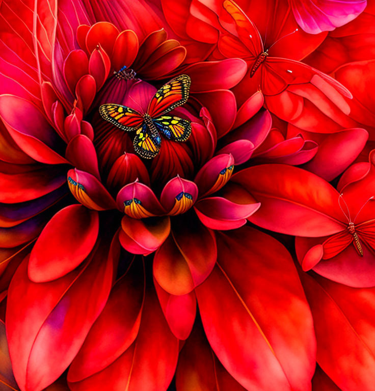 Colorful flower with butterflies in red, pink, yellow, and orange