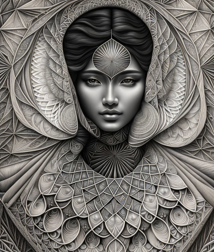 Monochrome illustration of woman with intricate halo design