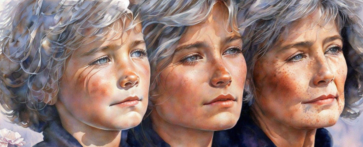 Artwork depicting stages of aging: young girl, adult woman, elderly lady with matching expressions.