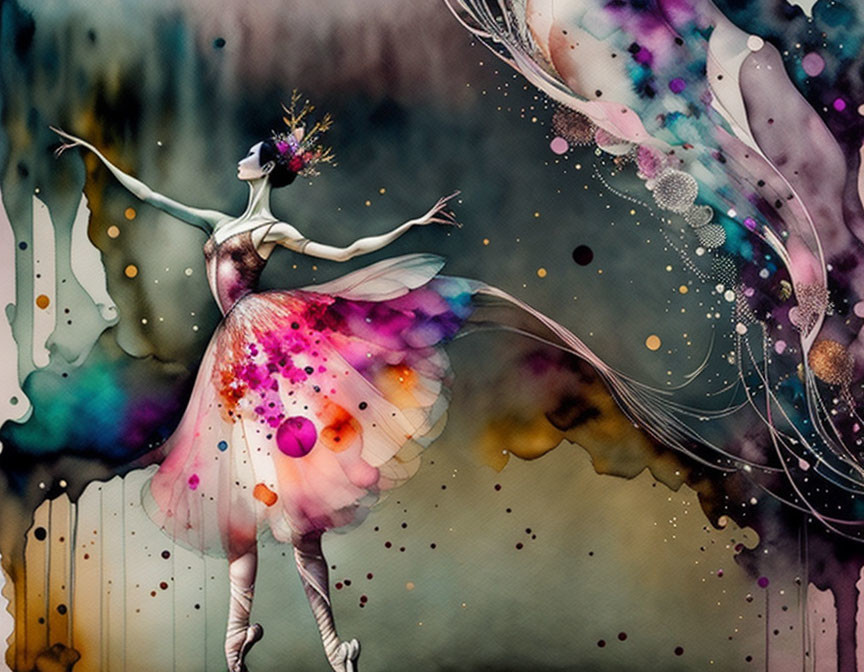 Colorful Ballet Dancer with Abstract Wings and Flowery Headpiece