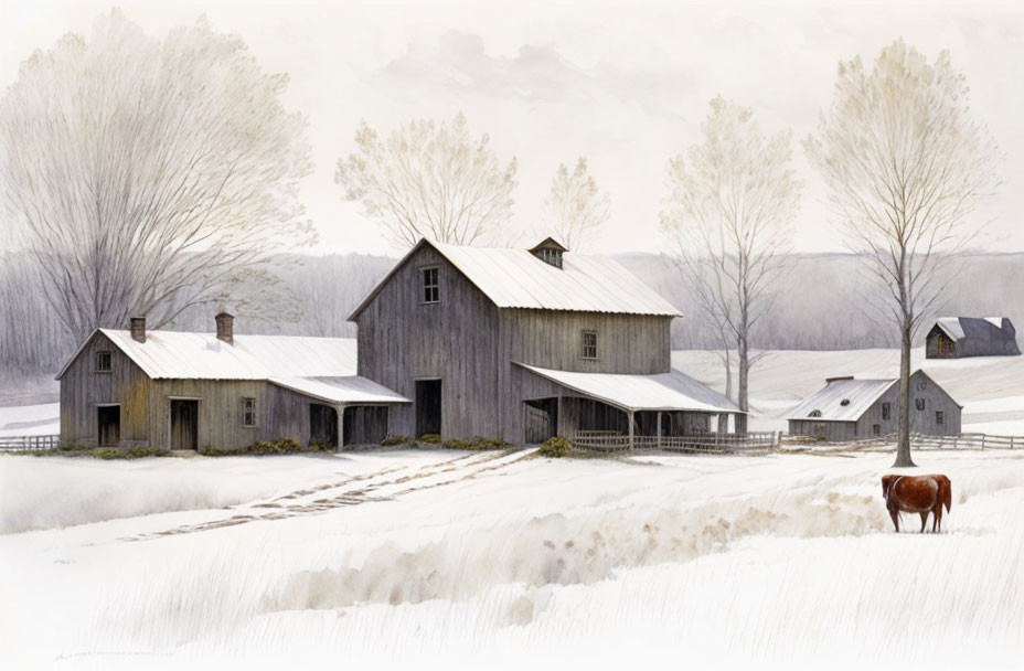 Snow-covered winter farm with brown horse in foreground