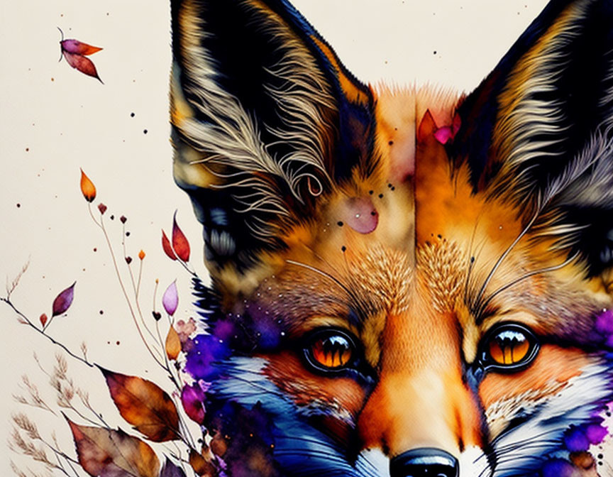 Colorful Fox Face Artwork with Floral Accents