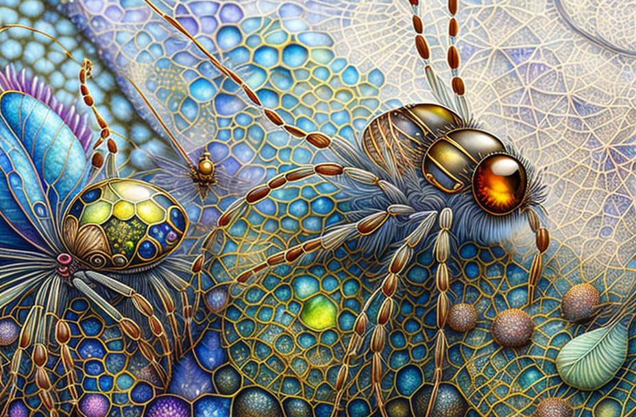 Detailed Digital Artwork: Stylized Insects with Rich Colors