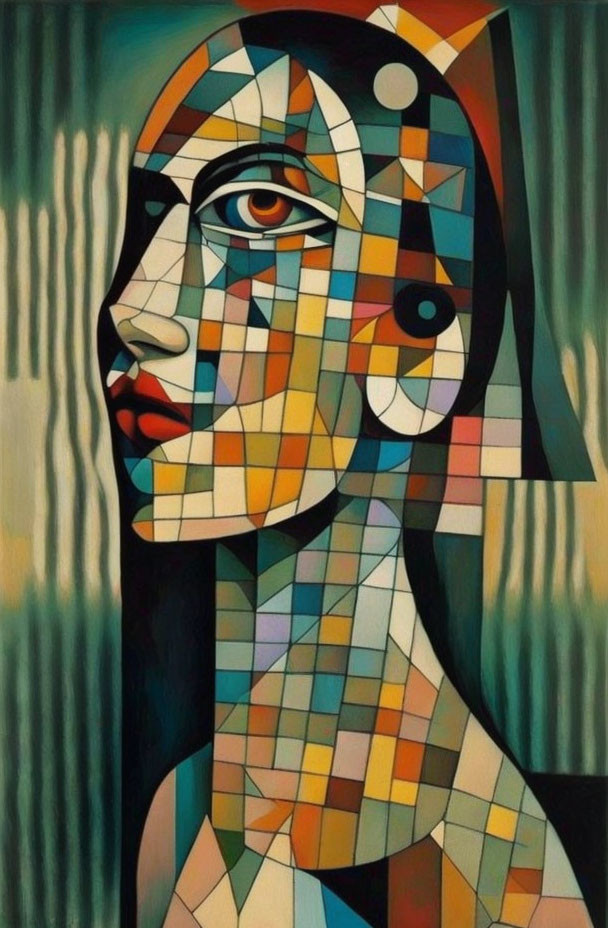 Geometric Earth-Toned Cubist Portrait with Blues and Greens