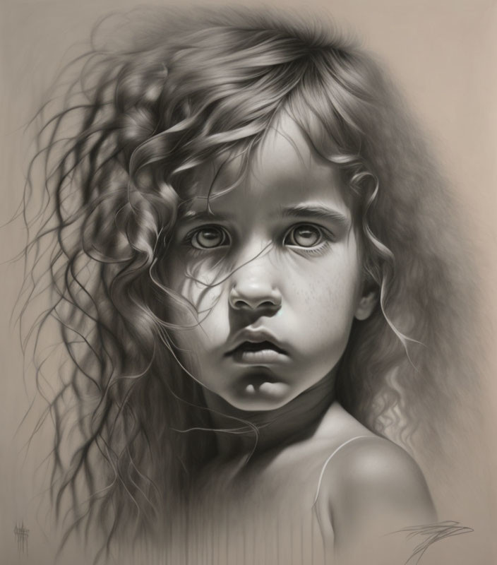 Monochrome portrait of young girl with curly hair and expressive eyes