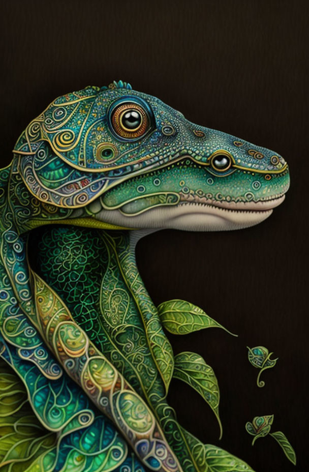 Colorful Gecko Illustration with Intricate Patterns and Detailed Leaves