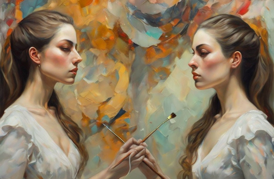 Two women mirroring each other against abstract background with paintbrush.