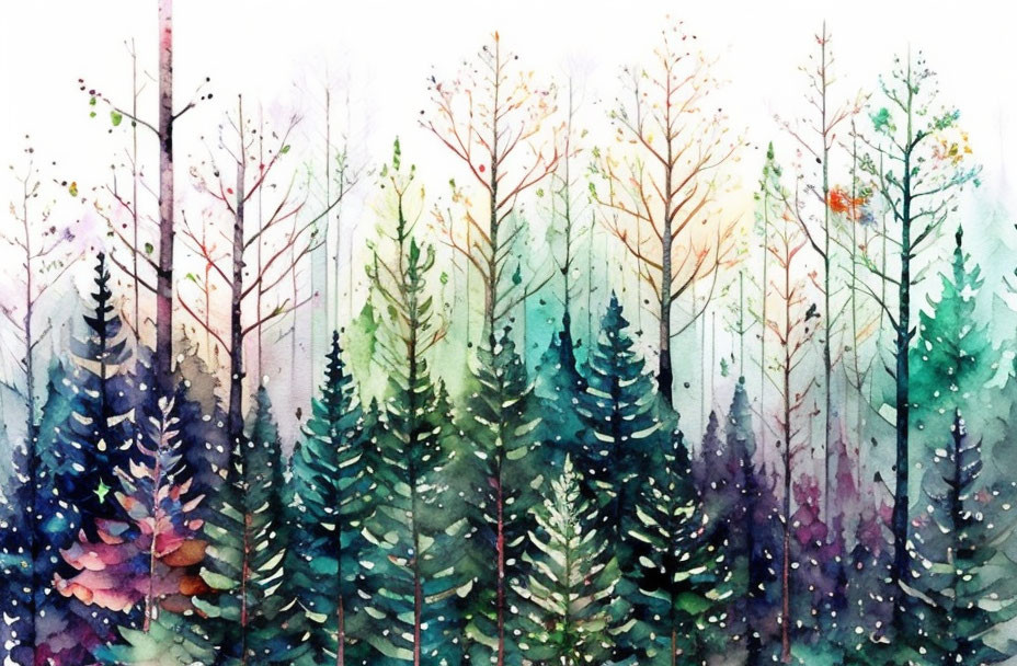 Colorful Watercolor Painting of Dense Forest