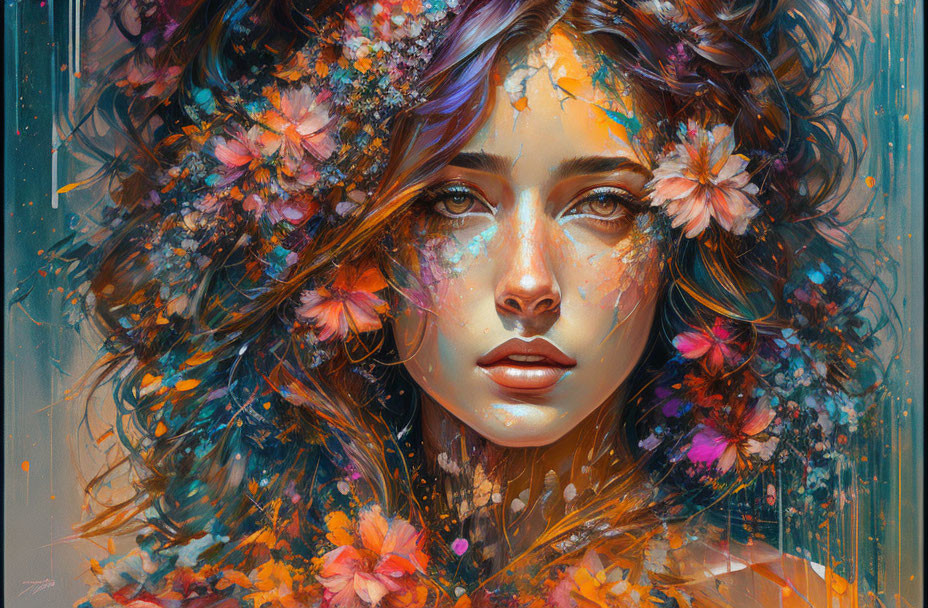 Colorful digital painting of woman with flower hair blending into paint textures