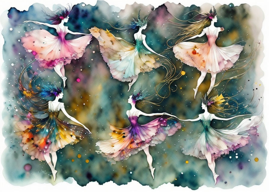 Ethereal female dancers in watercolor with butterfly wing-like dresses.