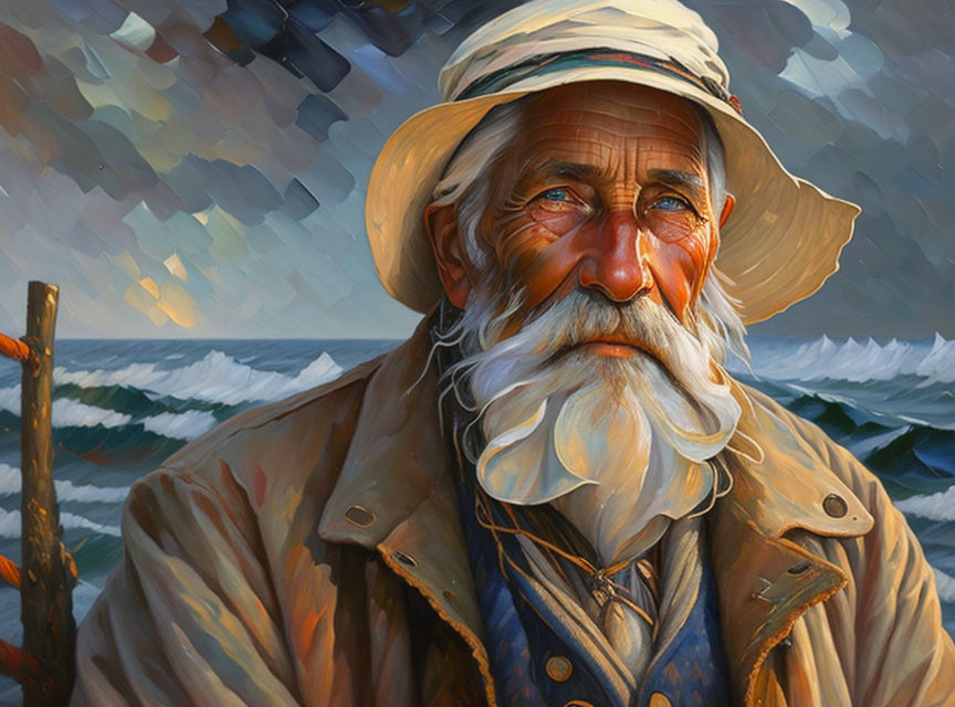 Bearded sailor in weathered coat gazes at ocean waves