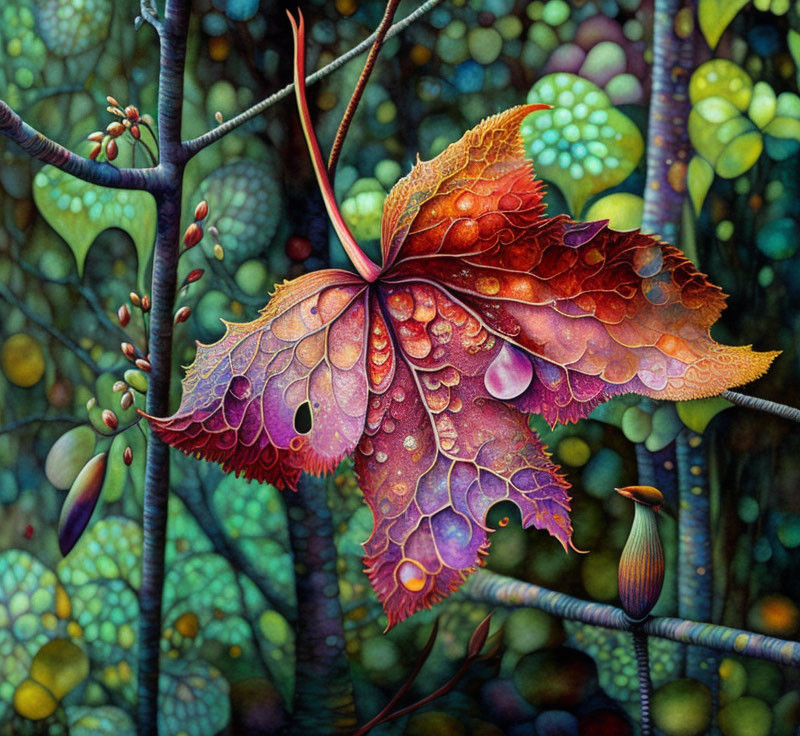 Colorful painting of butterfly with leaf-like wings and dewdrops on textured foliage background.