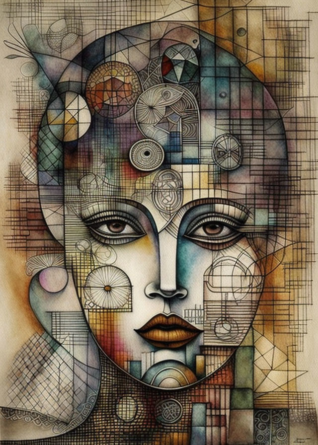 Symmetrical face with geometric shapes in muted colors