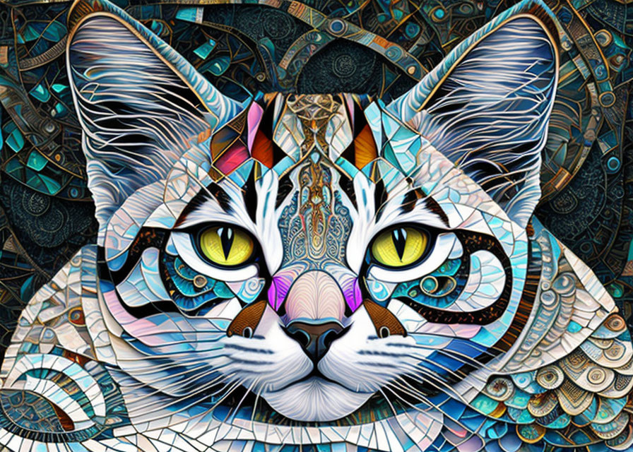 Vibrant mosaic artwork: cat's face with yellow eyes, intricate patterns.