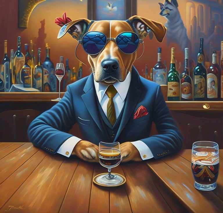 Sophisticated dog in suit and sunglasses at bar with whiskey and alcohol bottles