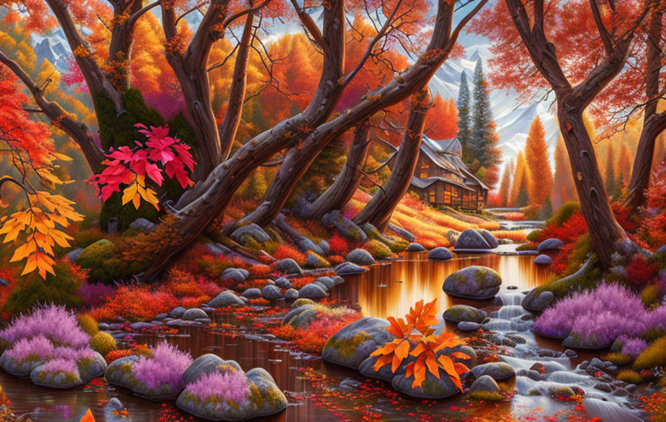 Scenic autumn landscape: vibrant foliage, river, stone path, cozy cottage, mountains