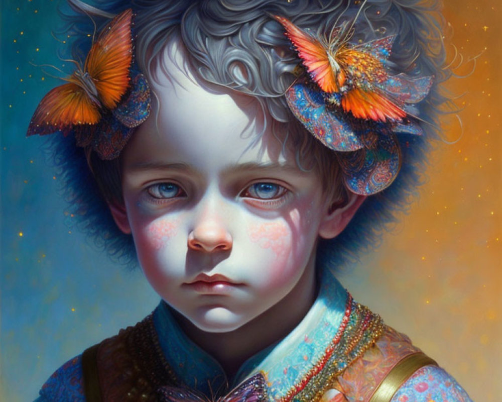 Portrait of young child with blue eyes and curly hair adorned with colorful butterflies, wearing ornate shirt