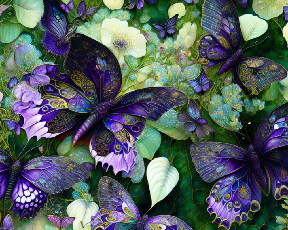 Colorful Butterflies Among Lush Green Leaves and Flowers