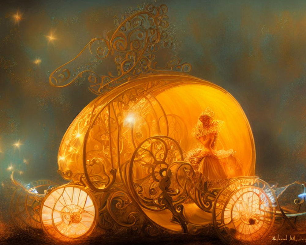 Woman in golden dress inside ornate pumpkin carriage in magical starry setting