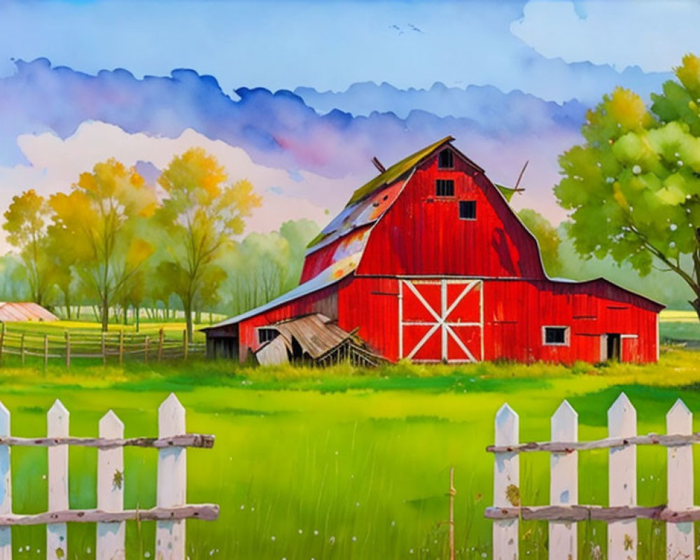 Colorful illustration of red barn, green field, white fence, and trees under cloudy sky