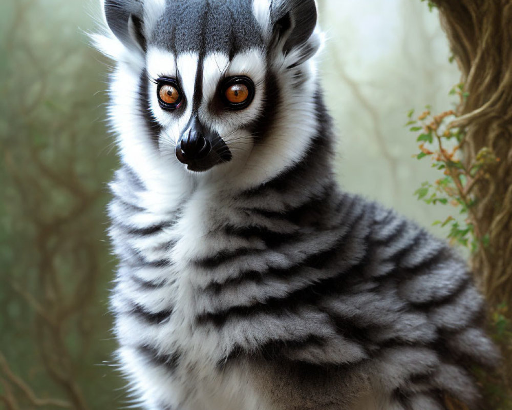 Ring-tailed lemur with orange eyes in branches, iconic striped tail