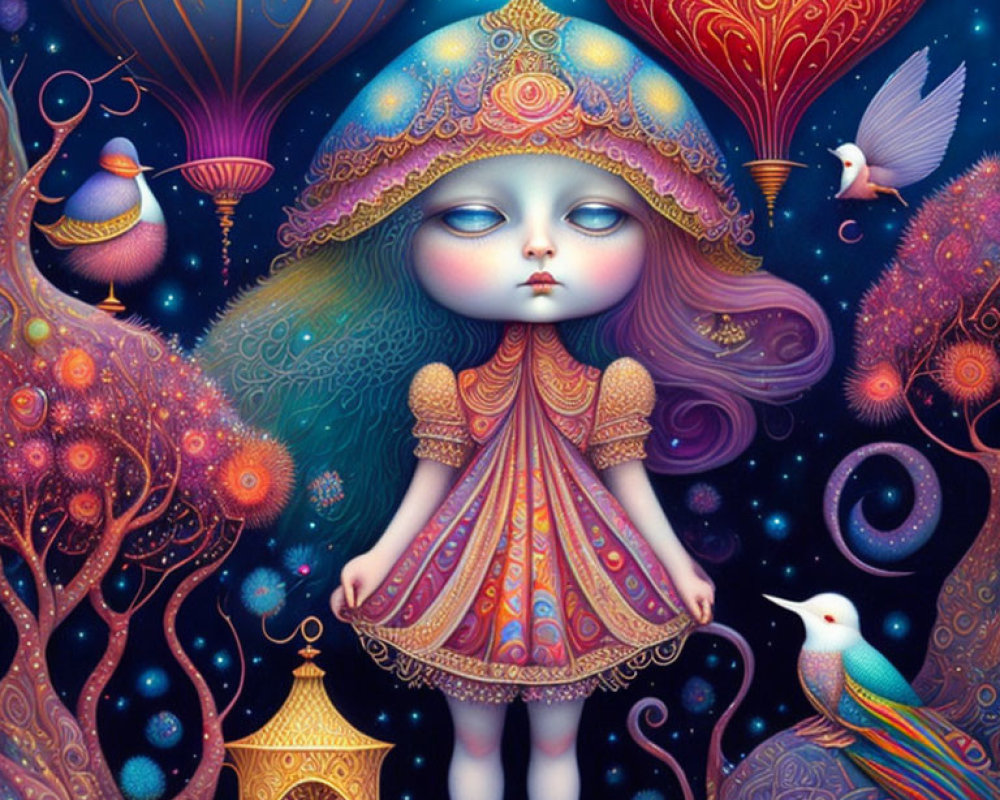 Colorful girl with mushroom headpiece in whimsical fantasy scene