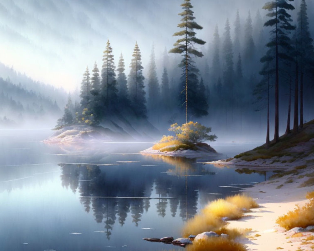 Tranquil Lake Scene with Misty Forest, Pine Trees, Island, and Shoreline